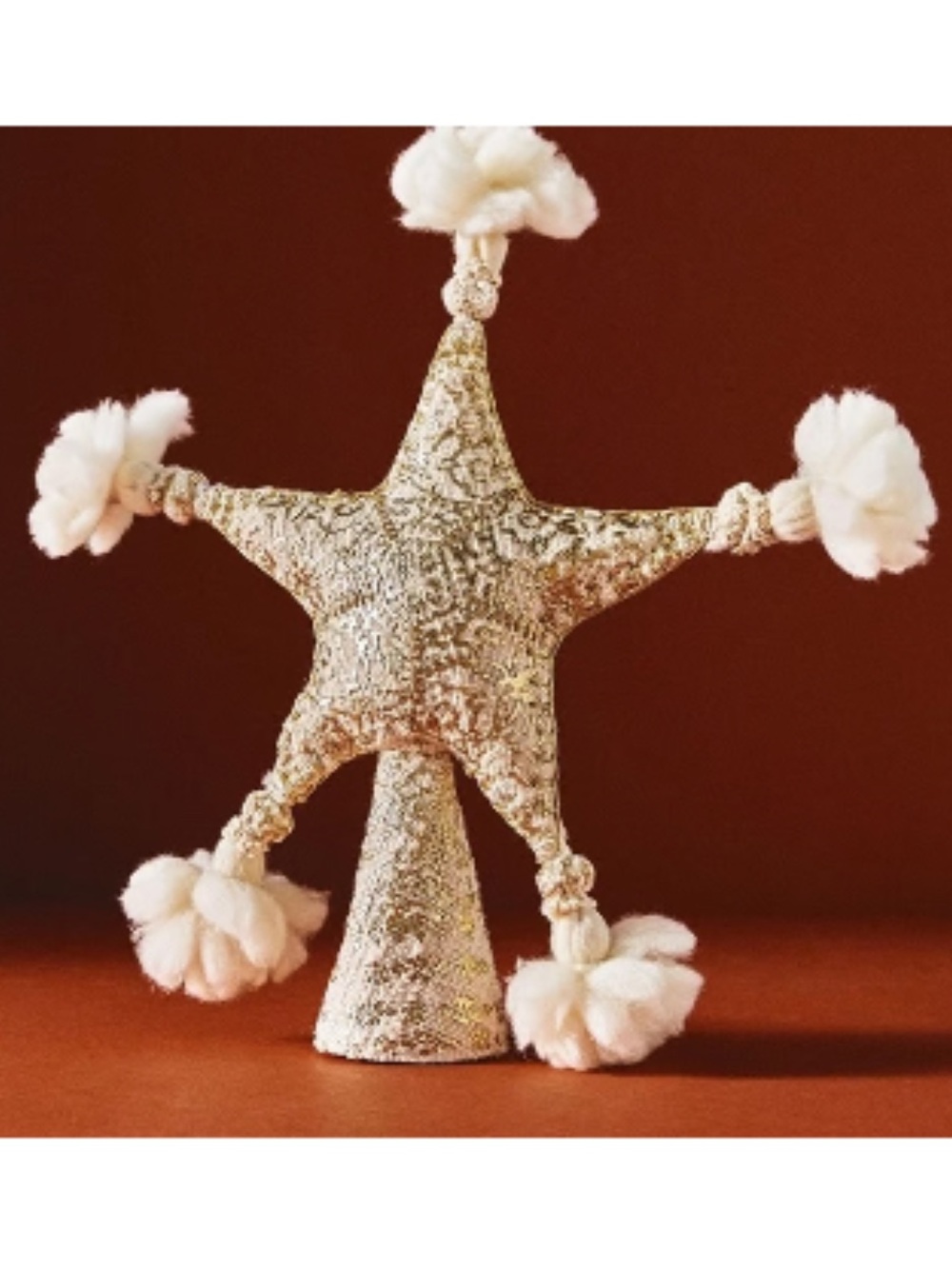 Anthropologie Gold Star Tree Topper with Cream Pom-Pom Accents